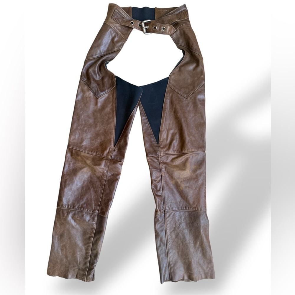 Vintage Harley-Davidson Leather Motorcycle Chaps Brown Snap Zip USA Made W Small